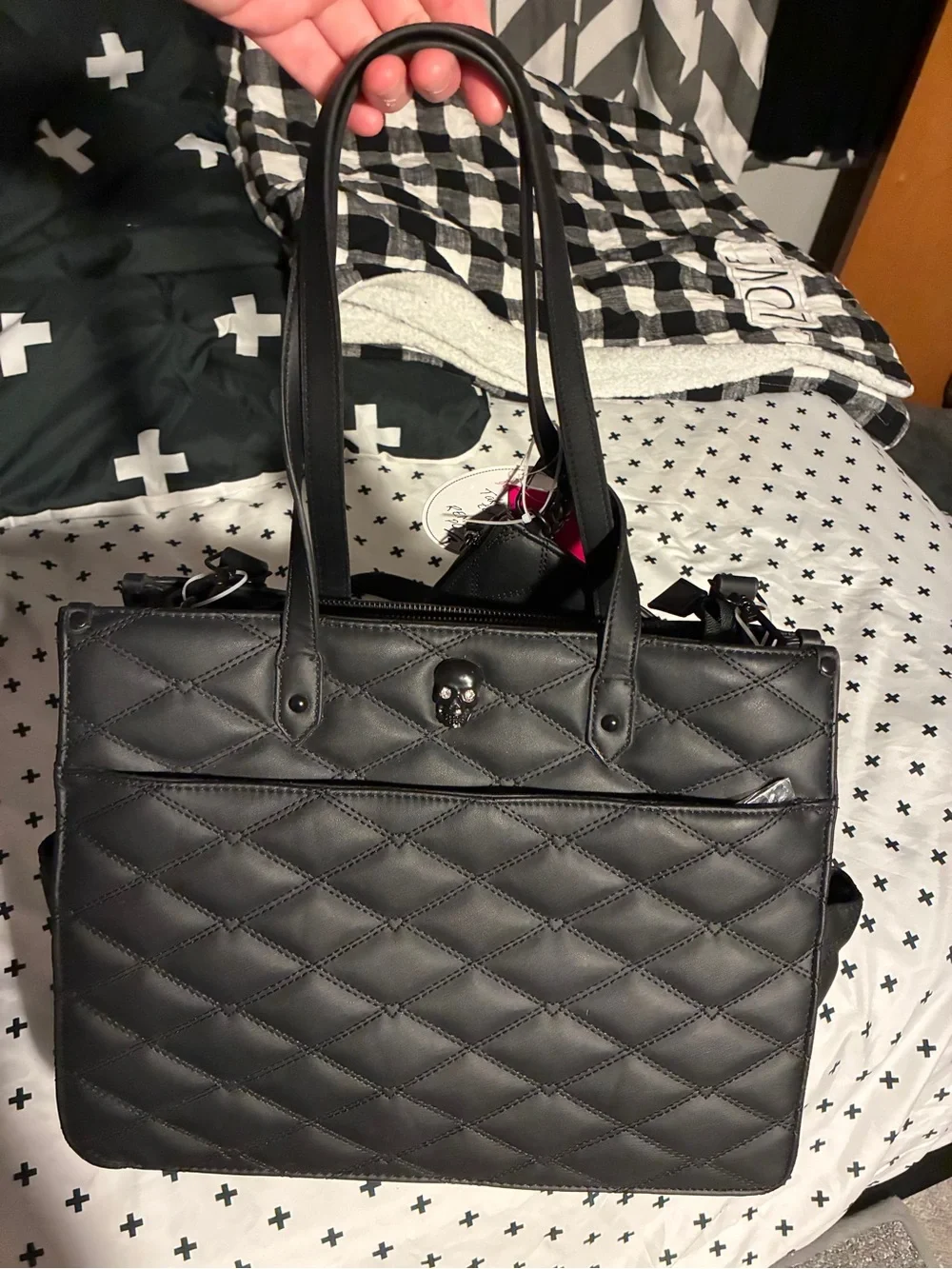 Betsey Johnson Halloween Black Quilted Skull hearts Purse Bag with wallet pouch